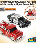 Rechargeable Police RC Car For Kids With Lights And Siren, 2.4GHz Remote Control Toy next to red fire truck and children playing
