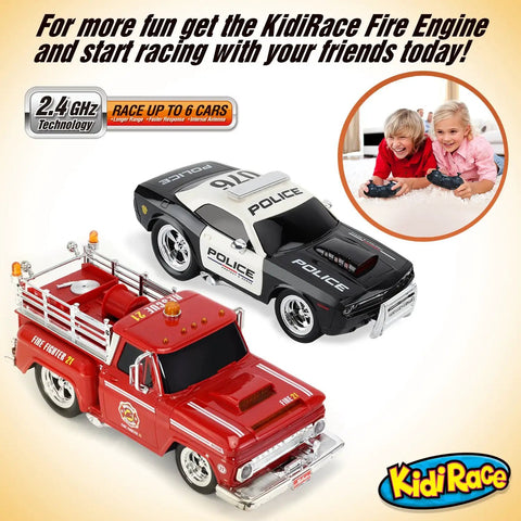 Rechargeable Police RC Car For Kids With Lights And Siren, 2.4GHz Remote Control Toy next to red fire truck and children playing