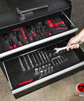 Heavy Duty Tool Box Drawer Liner 18 Inch Wide 24 Ft Long Non Slip Rubber Mat For Rolling Tool Chests Cabinets And Workbenches Protect Tools From Scratches Oil Spills Dings And Dents Durable Rubber Surface installed in tool chest with tools