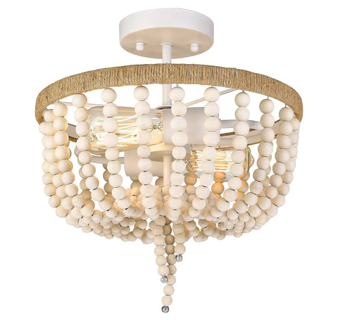 Boho Birch Wood Beaded Chandelier Flush Mount Ceiling Light With Rustic Charm, 13 Inch 2 Light Fixture featuring white farmhouse style