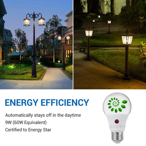 Outdoor Dusk To Dawn LED A19 Light Bulbs Pack 9W 60W Equivalent 2700K Warm White 800 Lumens E26 Base Auto On Off Sensor