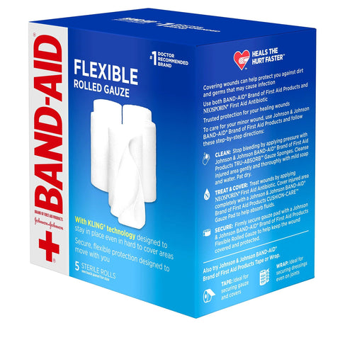 Band-Aid flexible rolled gauze dressing with five sterile white gauze rolls, 3 in x 2.1 yd, value pack