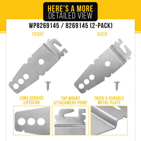 Front and back view of Two Pack Dishwasher Mounting Bracket For Whirlpool Maytag And Kenmore Easy Install Direct Replacement This Durable Bracket Keeps Your Dishwasher Secure And Reduces Movement Compatible With AP6012289 PS11745496 8269145 WP8269145 with detail on metal plate.