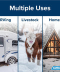 Image showing RV, livestock, and home in snow emphasizing multiple uses for 25 Foot Heated Water Hose For RVs With Self Regulating Heating Cable