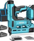 Lightweight Cordless Brad Nailer And Staple Gun With Battery Included Smooth Operator Softwood Specialist For Trim Upholstery Woodworking Garage Hero with two batteries and a tool bag.