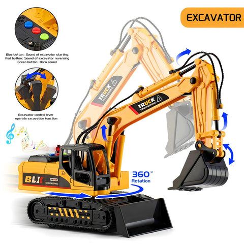 Two Pack Construction Truck Toys for Kids Ages 3 to 8, Moveable Claw Excavator with 360 rotation, lights, and sounds.