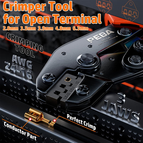 Pro Grade Open Barrel Crimping Tool Kit For Car Audio And Auto Wiring With Ratcheting Wire Crimper For 24 14 AWG Non Insulated Open Terminals Spade Connectors And 2.8 3.9 4.8 6.3mm Copper Terminals