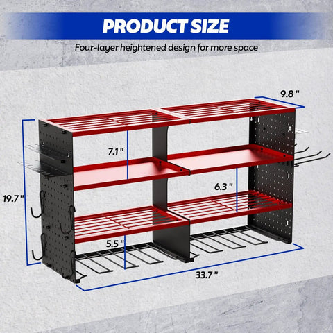 Power Tool Organizer Wall Mount, 4 Tier Heavy Duty Metal Storage Rack dimensions and design overview.