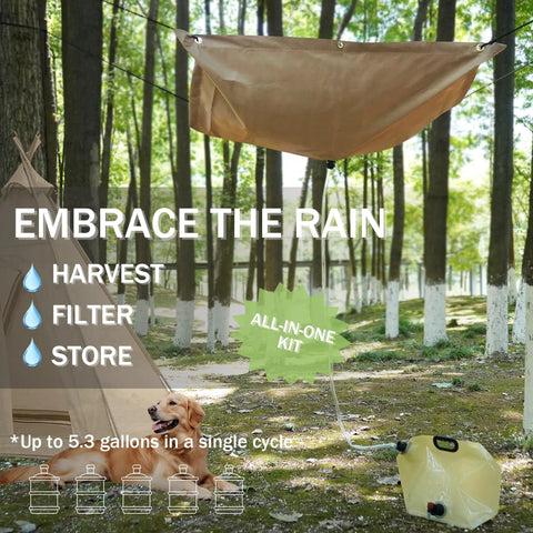 Portable Rainwater Collection System for Camping with 5 by 5 foot hanging tarp and 2.2 gallon collapsible water bag in forest