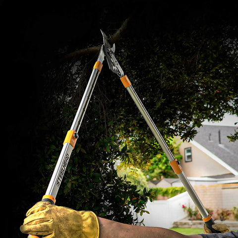 Person using Heavy-Duty Gear-Bypass Lopper With 27 To 40 Inch Adjustable Telescoping Handles on thick tree branches.
