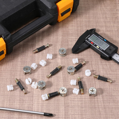 Cam Lock Nuts And Cams Screws Set For Furniture 20 Sets M6 X 35mm 3 In 1 Eccentric Hardware Kit displayed with tools on table