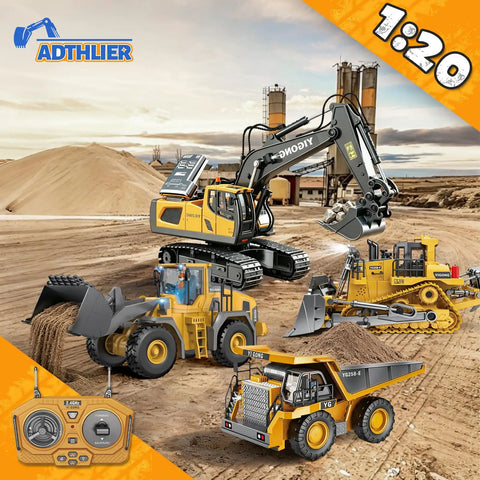 4 In 1 Remote Control Construction Vehicle Set with 11-Channel Excavator, Dump Truck, Bulldozer, Loader on a Construction Site