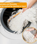 Person placing microfiber pad of 36 Inch Commercial Dust Mop With Long Handle And Pro Grade Heavy Duty Microfiber Pad into washing machine