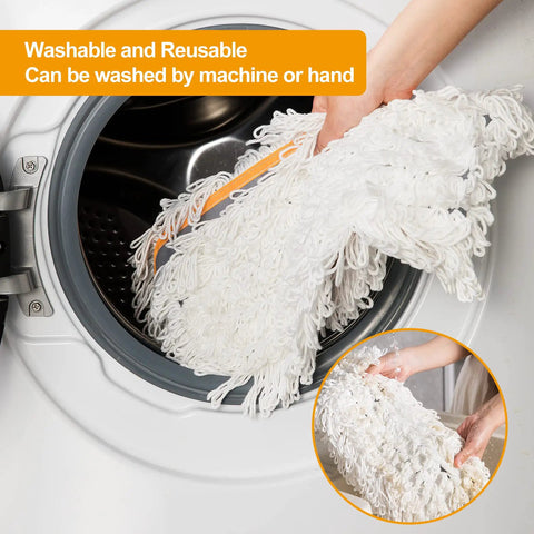 Person placing microfiber pad of 36 Inch Commercial Dust Mop With Long Handle And Pro Grade Heavy Duty Microfiber Pad into washing machine
