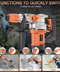 1-1/4 Inch SDS-Plus Heavy Duty Rotary Hammer Drill Workhorse with safety clutch, vibration control, 3 functions for concrete breaking