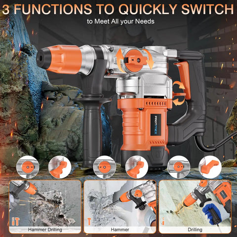 1-1/4 Inch SDS-Plus Heavy Duty Rotary Hammer Drill Workhorse with safety clutch, vibration control, 3 functions for concrete breaking