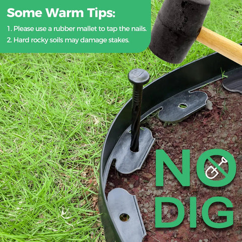 DIY Friendly No Dig Landscape Edging Kit 4-Inch By 50 Feet With 75 Spikes, rubber mallet securing flexible border on lawn.