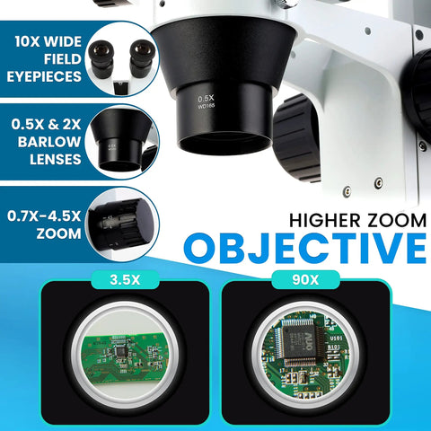 Binocular Zoom Stereo Microscope With Boom Stand, 3.5X To 90X Magnification, Built For Labs, Engravers, And Repairs, Pro-Grade Greenough Optics For Sharp, Hands-On Detail And Precision Work, close-up objective and zoom lens