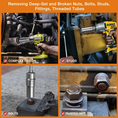 Heavy Duty 16 Piece 3/8 Inch Drive Deep Socket Extractor Set That Makes Stripped Bolts And Frozen Nuts A Walk In The Park in action removing rusted nut and broken bolts