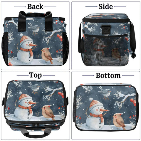 Insulated Picnic Backpack Lunch Box for Outdoors and Work, Big 12x8.7x10 Inch with winter-themed snowman and bird design