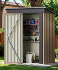 Open Lockable Outdoor Storage Shed 5x3 Feet Beefy Metal Garden Shed With Anti Corrosion Steel Construction, brown, showing tools inside.