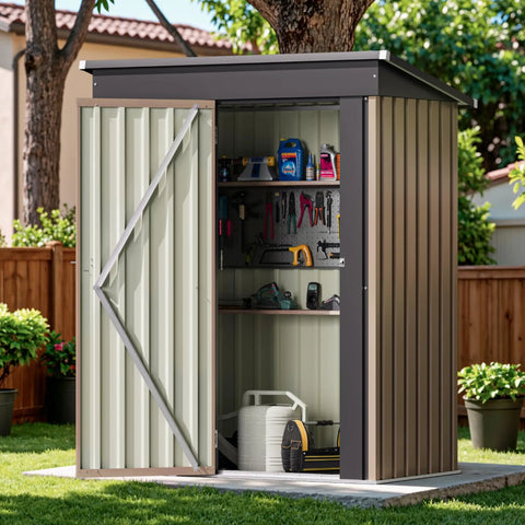 Open Lockable Outdoor Storage Shed 5x3 Feet Beefy Metal Garden Shed With Anti Corrosion Steel Construction, brown, showing tools inside.