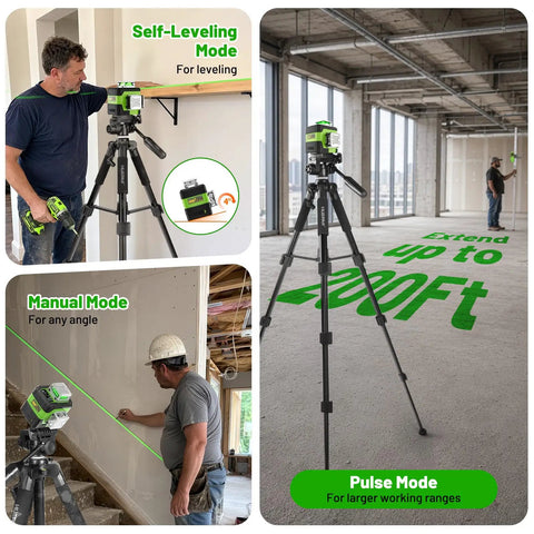 Self Leveling Laser Level With LCD Display And Rechargeable Battery, Three 360 Degree High Brightness Beams For Construction And Picture Hanging, Pro Grade Tool For DIYers, Includes Magnetic Bracket And Hard Carry Case Y03CG on tripod in use