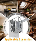 Electric Attic Ladder Pull Down Folding Loft Stairs Built Like A Tank With Top Shelf Alloy Build And Hassle Free Operation Safety Handrails For Effortless Ceiling Access 80X120CM in various settings like garage and attic.