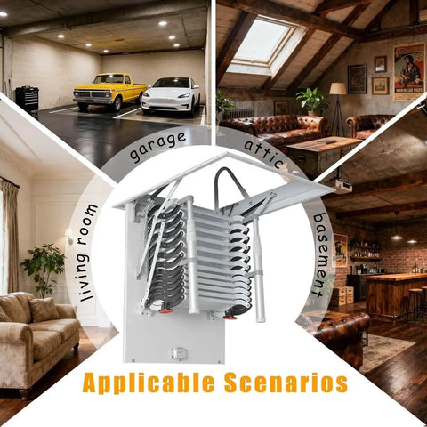 Electric Attic Ladder Pull Down Folding Loft Stairs Built Like A Tank With Top Shelf Alloy Build And Hassle Free Operation Safety Handrails For Effortless Ceiling Access 80X120CM in various settings like garage and attic.