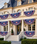 Exterior view with Patriotic 250th Birthday Bunting Flags Set for USA Fans, navy blue, red, white, 2x4 ft, brass grommets displayed on house