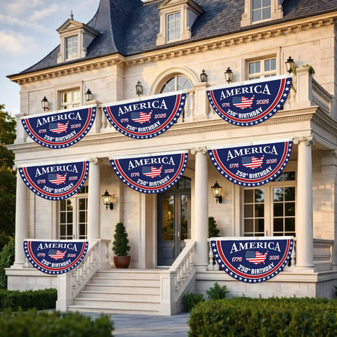 Exterior view with Patriotic 250th Birthday Bunting Flags Set for USA Fans, navy blue, red, white, 2x4 ft, brass grommets displayed on house