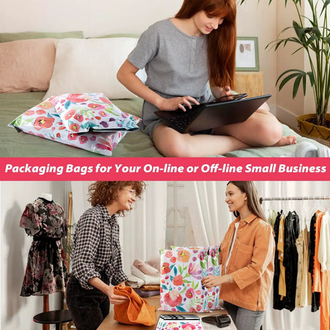 Durable 6x9 Floral Poly Mailers 100 Pack For Shipping Waterproof Tear Resistant Mailing Bags Easy Seal Envelopes featured in use in small businesses and home settings.