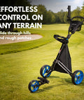 Three Wheel Golf Push Cart With Rock Solid Stability On Any Terrain Heavy Duty Stabilizer Rods Smooth Push And One Touch Braking For Effortless Control On Hills And Rough Fairways Black And Blue on golf course