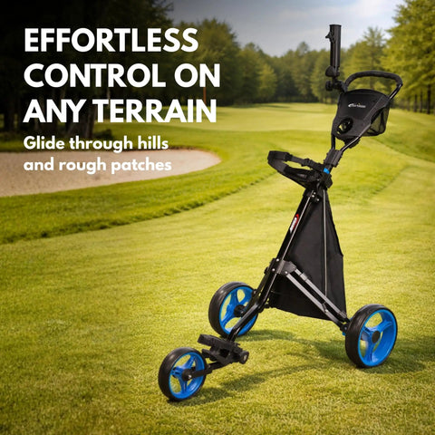Three Wheel Golf Push Cart With Rock Solid Stability On Any Terrain Heavy Duty Stabilizer Rods Smooth Push And One Touch Braking For Effortless Control On Hills And Rough Fairways Black And Blue on golf course