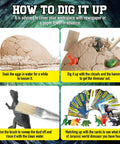 Jumbo Dino Egg Dig Kit With 12 Surprising Dino Toys Hands On STEM Adventure For Kids Aged 5 To 7 Includes Chisels Hammers And Brushes Perfect Party Or Easter Gift For Curious Little Explorers diagram showing excavation process.