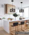 Black Rattan Pendant Lights Drum Chandelier Dope Wicker Light Fixtures Ceiling Hanging Boho Bamboo Pendant Lamp For Bedroom Dining Room Kitchen Foyer Bulb Included Dimmable 2700K E26 With Adjustable 60 Inch Cord And 13.2 Inch Diameter over kitchen island