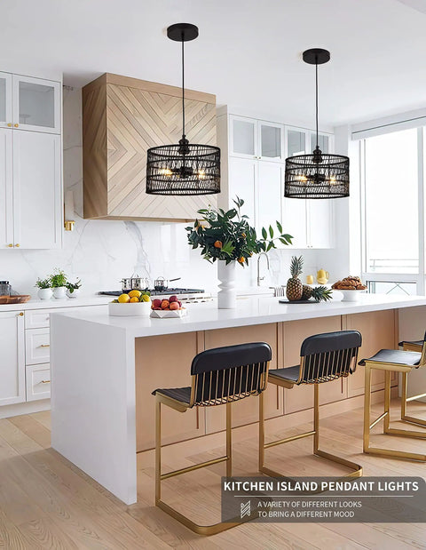 Black Rattan Pendant Lights Drum Chandelier Dope Wicker Light Fixtures Ceiling Hanging Boho Bamboo Pendant Lamp For Bedroom Dining Room Kitchen Foyer Bulb Included Dimmable 2700K E26 With Adjustable 60 Inch Cord And 13.2 Inch Diameter over kitchen island