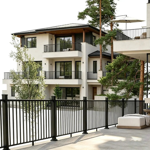 Heavy Duty Black Deck Railing Kit With Reinforced Aluminum Posts And Code Compliant Handrails on modern outdoor balcony