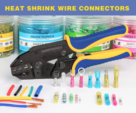 Side view of Haisstronica 260PCS heat-shrink spade connectors with blue-yellow crimping tool