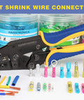 Dope Blue Heat Shrink Spade Connectors Kit 200PCS AWG 16 14 tools displayed with connectors and wires