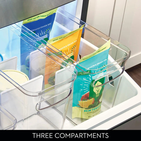 Divided Kitchen Organizer Bin With Handles In Clear And Matte White, 6 By 8 By 14 Inches, Ideal For Snack Bags, Pouches, Boxes