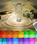 Rose Lamp With 16 Colors RGB Night Light, USB Rechargeable Touch Desk Lamp, Diamond Cut Acrylic LED Mood Light displayed with remote
