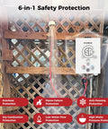 Propane Portable Tankless Water Heater 1.58 GPM on lattice with safety icons for outdoor use