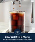 Cold brew pouring into a glass filled with ice from a Compact Espresso And Cold Brew Coffee Maker Featuring Built In Milk Frother Wand For Next Level Iced Lattes Smooth Hot Drinks And Straight Up Barista Quality Blends Daily.