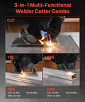 3 In 1 Plasma Cutter Welder Combo for Home Workshop, 50A Plasma Cutter and 200A TIG MMA Welders in use on metal sheets