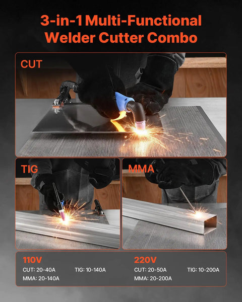 3 In 1 Plasma Cutter Welder Combo for Home Workshop, 50A Plasma Cutter and 200A TIG MMA Welders in use on metal sheets
