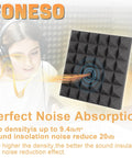 24 Pack Hella Thick Acoustic Foam Panels Crafted To Knock Out Studio Reverb And Quiet Down Busy Rooms For Home Offices Creative Spaces And Relaxing Lounges Premium Density Tiles shown with a person wearing headphones.