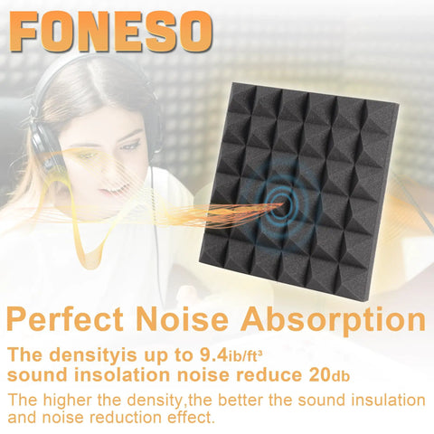 Twelve Pack High Density Pyramid Acoustic Foam Wall Panels With Strong Self Adhesive Backing, 12x12x2 in, for soundproofing.