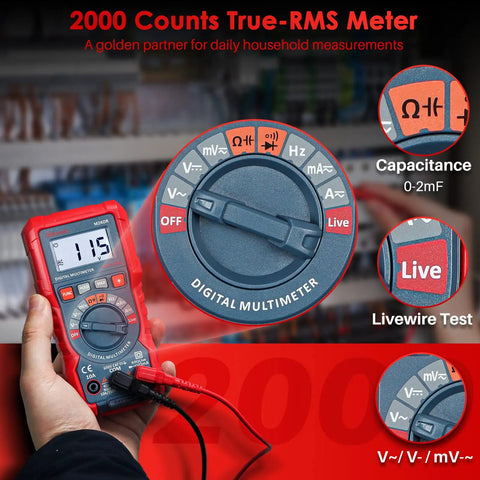 Handy Digital Multimeter M2K0R With Auto Ranging DC And AC Voltmeter in use with dial feature highlights and live wire test