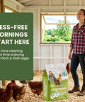 All Natural Chicken Coop Odor Eliminator And Moisture Absorber For Coops And Runs Ammonia Neutralizer And Deodorizer, 20 lb bag in coop with woman and chickens
